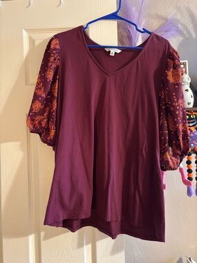 The Pioneer Woman Burgundy V-Neck Top with Patterned Puff Sleeves